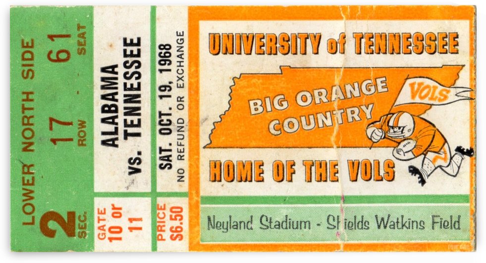 1968 Tennessee vs. Alabama Football Ticket Art  by Row One Brand