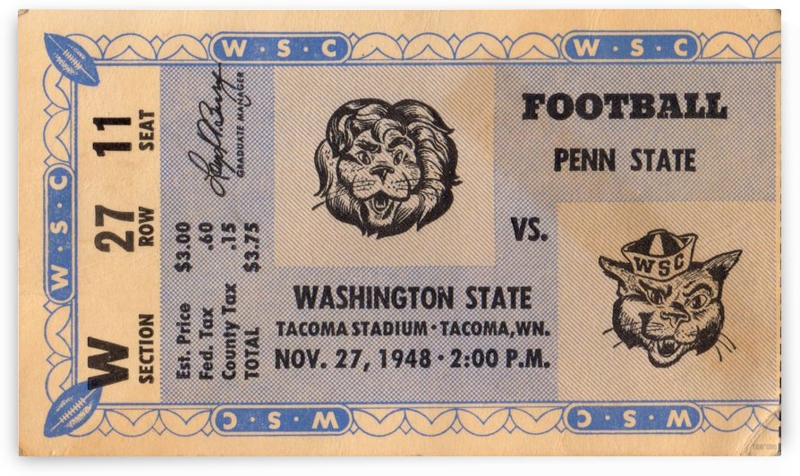 1948 Penn State vs. Washington State Football Ticket Art  by Row One Brand