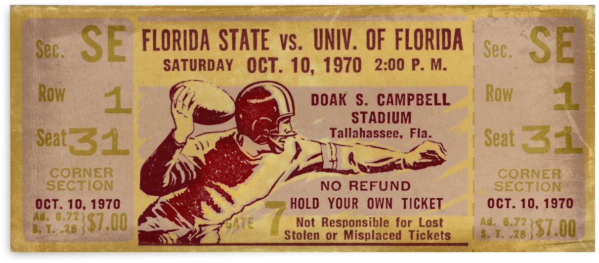 1970 Florida State vs. Florida Ticket Stub Remix by Row One Brand