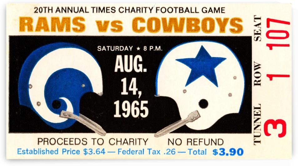 1965 LA Rams vs. Dallas Cowboys Football Ticket Art by Row One Brand