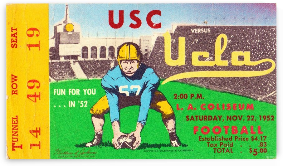 1952 USC vs. UCLA Vintage Football Ticket Art by Row One Brand