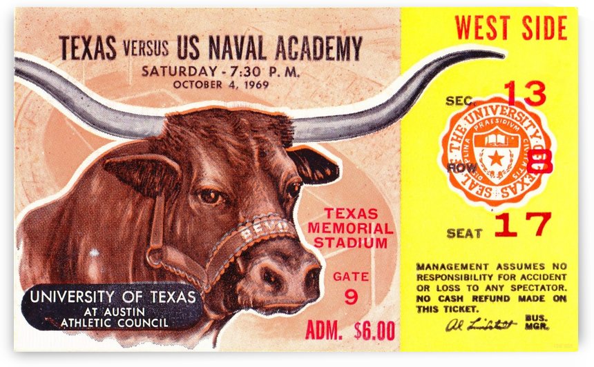 1969 Navy vs. Texas Longhorns Football Ticket Art by Row One Brand
