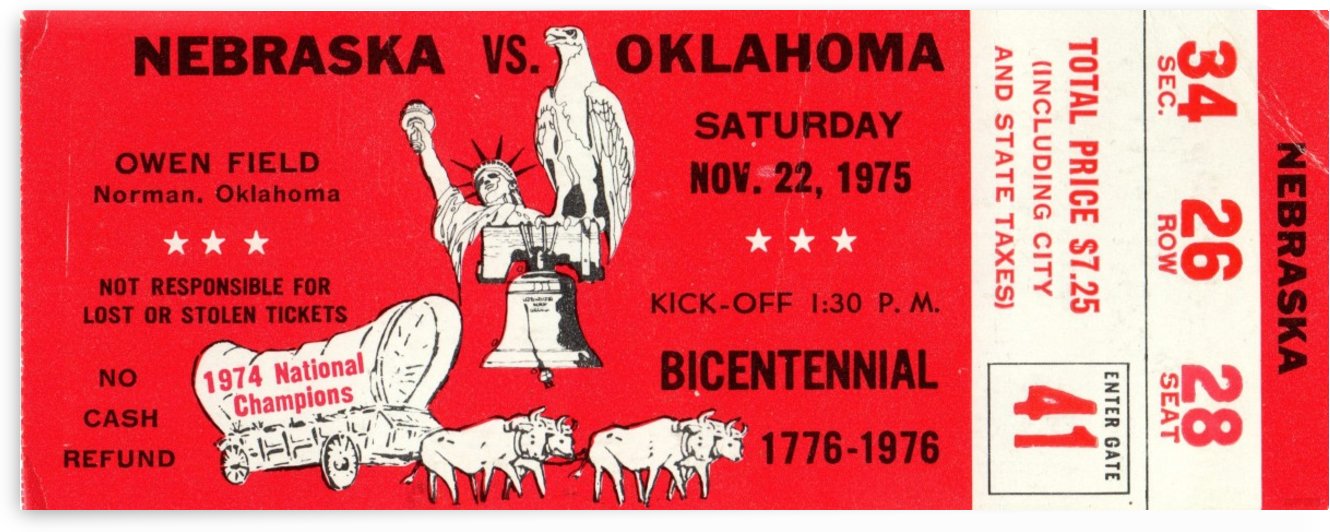 1975 Oklahoma vs. Nebraska Football Ticket Canvas by Row One Brand