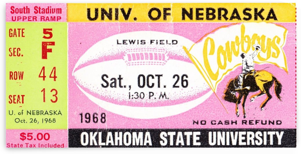 1968 Nebraska vs. Oklahoma State Cowboys Football Ticket Art by Row One Brand