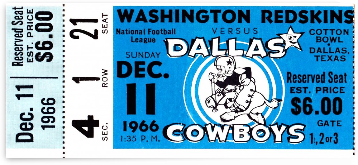 1966 Washington vs. Dallas Cowboys Football Ticket Art by Row One Brand