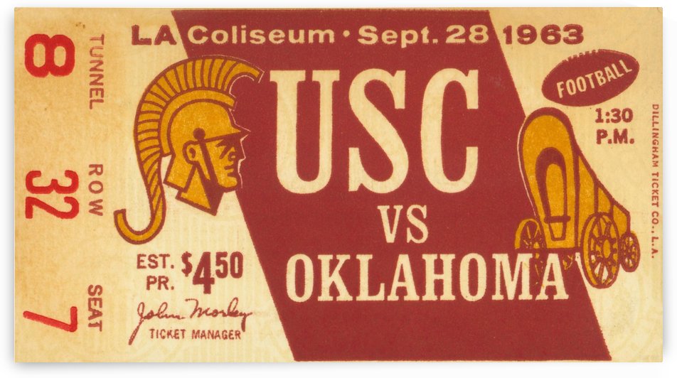 1963 Oklahoma Sooners vs. USC Trojans Football Ticket Art by Row One Brand