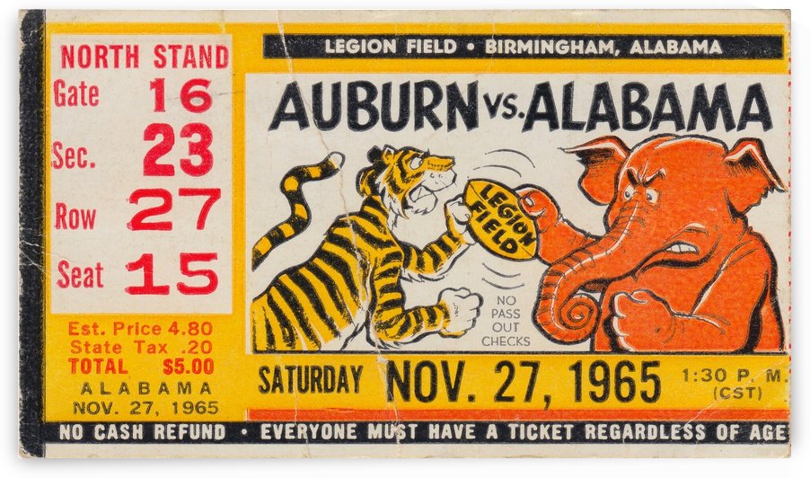 1965 Alabama vs. Auburn Football Ticket Canvas by Row One Brand