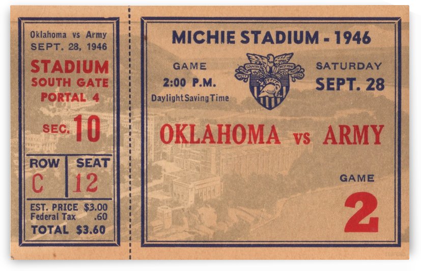1946 Oklahoma vs. Army Football Ticket Art by Row One Brand