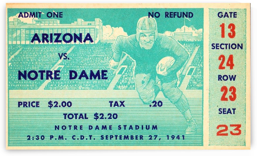 1941 Arizona Wildcats vs. Notre Dame Football Ticket Canvas Art by Row One Brand