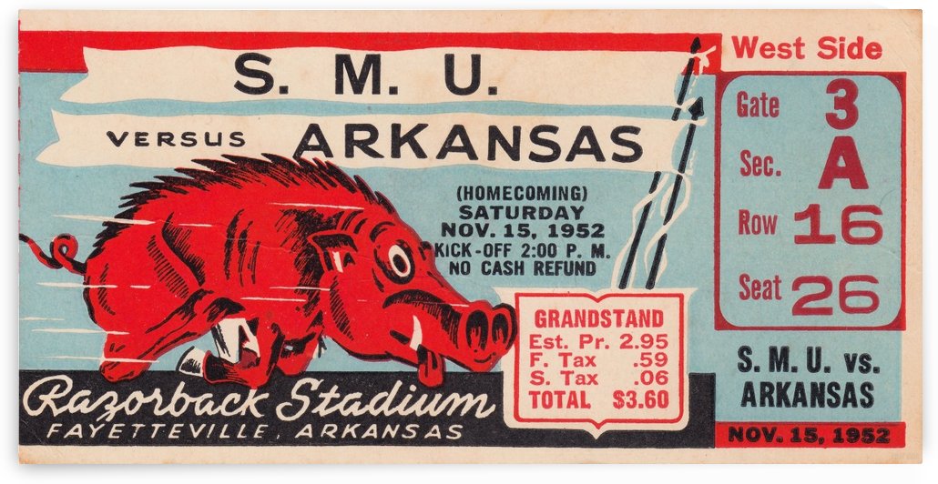 1952 SMU vs. Arkansas Football Ticket Art by Row One Brand