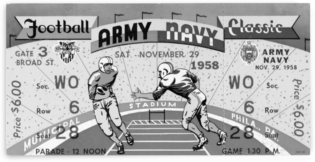 1958 Army vs. Navy Football Ticket Black and White Remix by Row One Brand