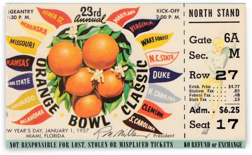 1957 Orange Bowl Ticket Canvas by Row One Brand
