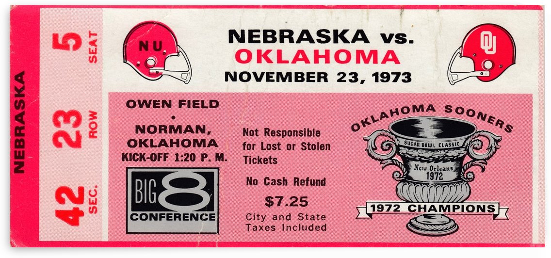 1973 Oklahoma vs. Nebraska Ticket Stub Art by Row One Brand