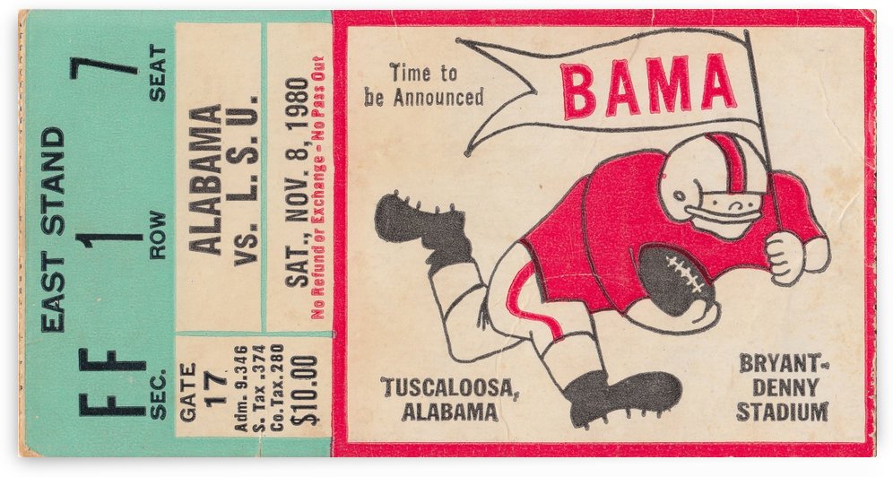 1980 Alabama vs. LSU Football Ticket Art by Row One Brand
