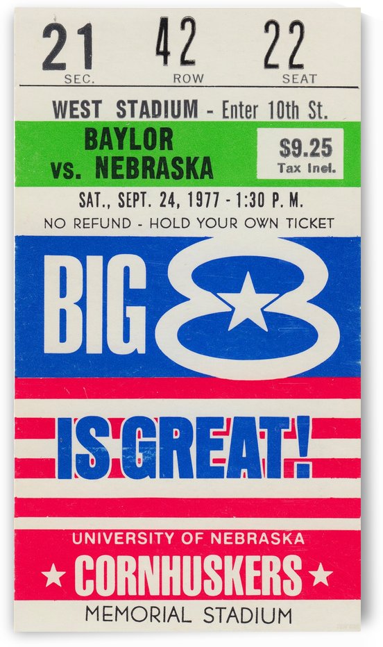 1977 Baylor Bears vs. Nebraska Cornhuskers Ticket Art  by Row One Brand