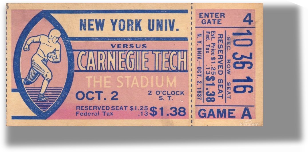 1937 New York University vs. Carnegie Tech Football Ticket Art by Row One Brand