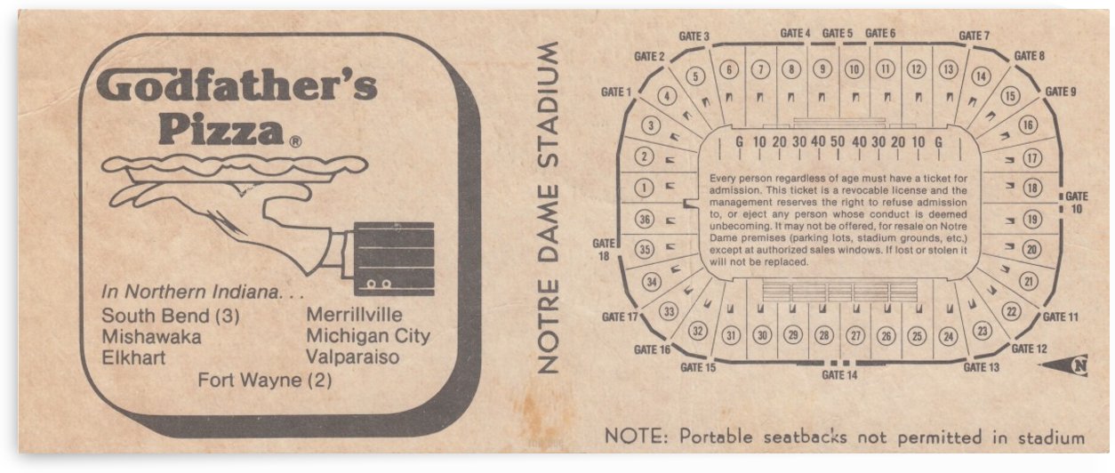1982 Godfathers Pizza and Notre Dame Stadium Map by Row One Brand