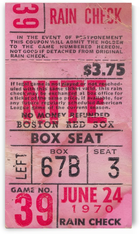 1970_Major League Baseball_Boston Red Sox Ticket Stub Art_Fenway Park Artwork_Red Sox vs. Orioles by Row One Brand