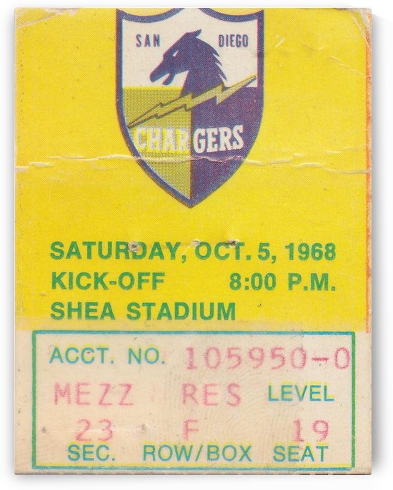1968 American Football League San Diego Chargers vs. New York Jets Ticket Stub Art Reproduction by Row One Brand