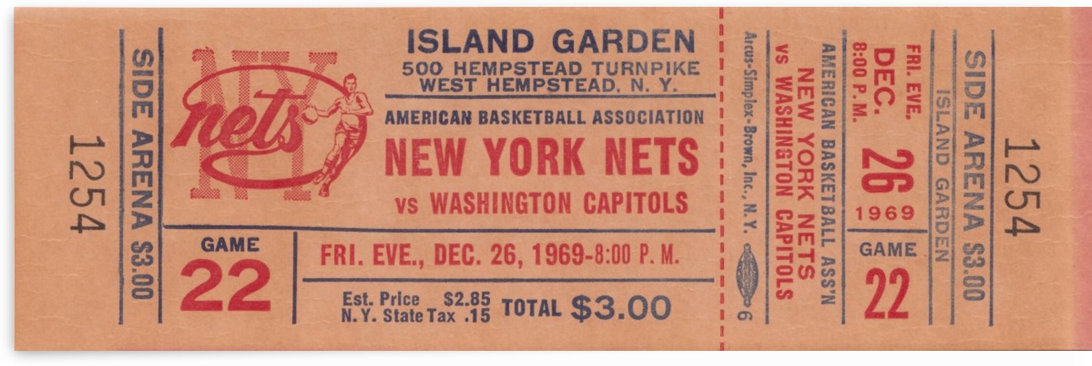 1969 ABA Basketball Season New York Nets vs. Washington Capitols Island Garden Ticket Stub Art by Row One Brand