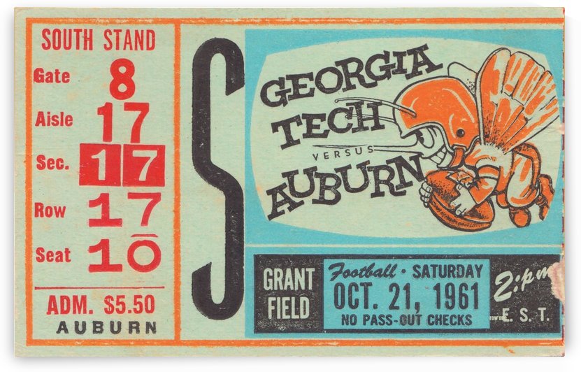 1961 Auburn vs. Georgia Tech College Football Ticket Stub Art Grant Field_College Art by Row One Brand