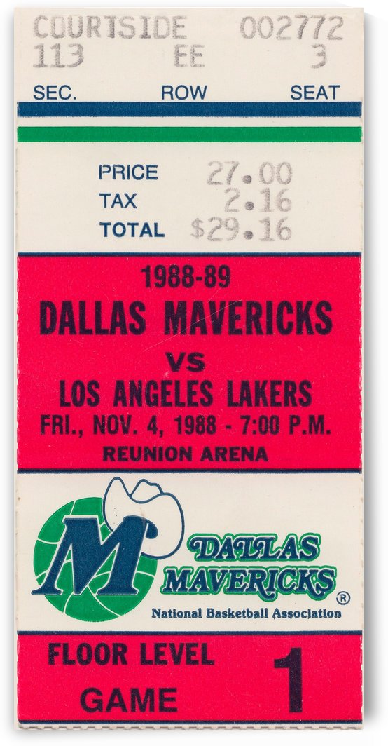1988 Dallas Mavericks vs. Los Angeles Lakers NBA Basketball Ticket Stub Art Reunion Arena Dallas TX by Row One Brand
