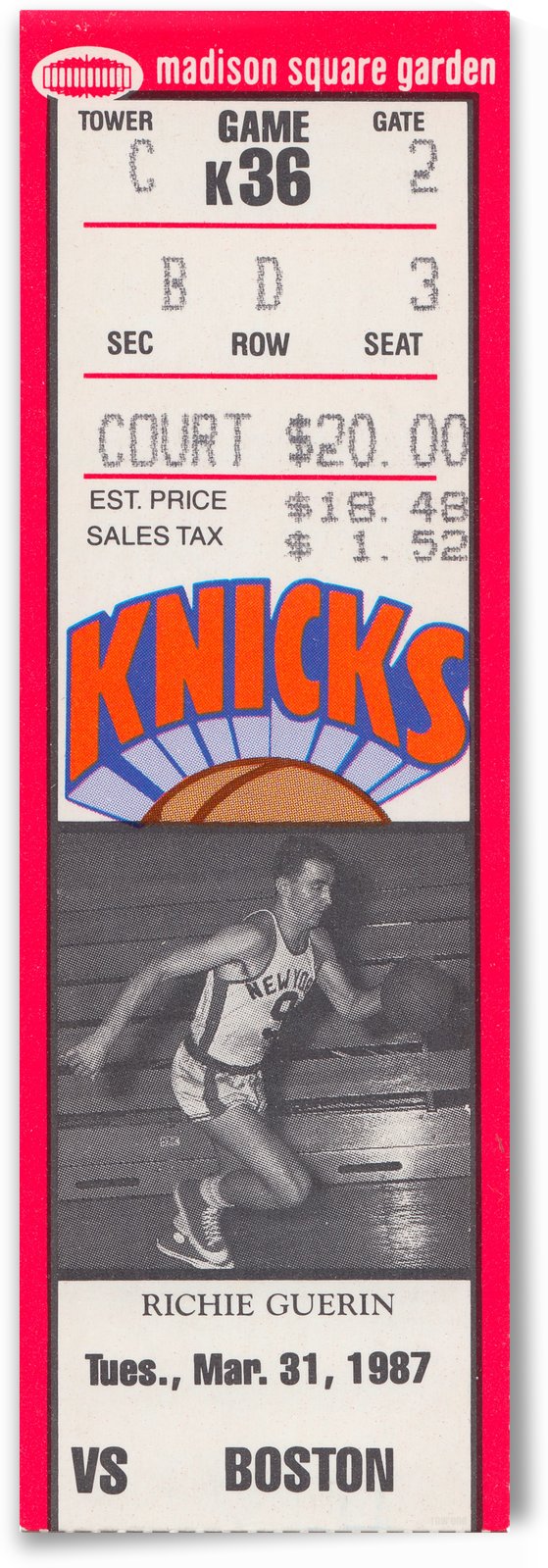 1987 New York Knicks vs. Boston Celtics Basketball Ticket Stub Art  by Row One Brand