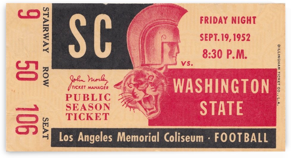 1952_College Football Art_USC Trojans Ticket Stub Art_LA Coliseum Public Season Ticket SC by Row One Brand