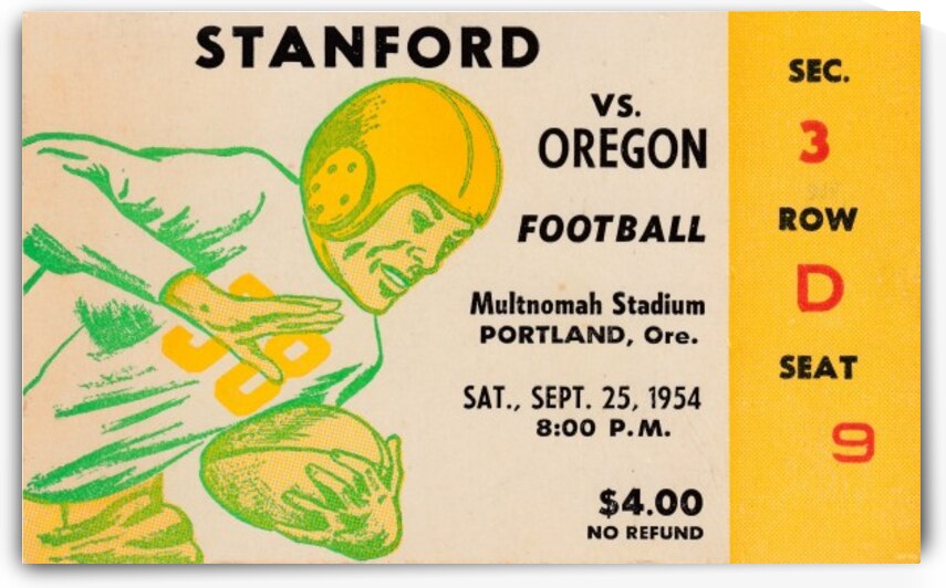 1954_College_Football_Oregon vs. Stanford_Multnomah Stadium_Portland Sports Art Ticket Stub $4 by Row One Brand