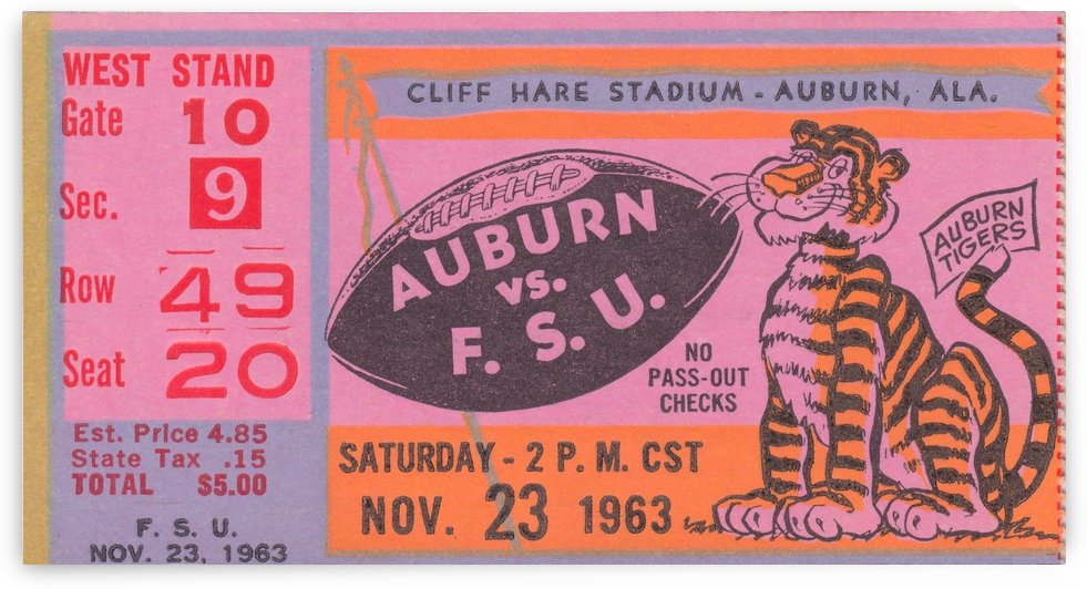 1963_College_Football_Florida State vs. Auburn_Cliff Hare Stadium_Football Ticket Stub Reproduction by Row One Brand