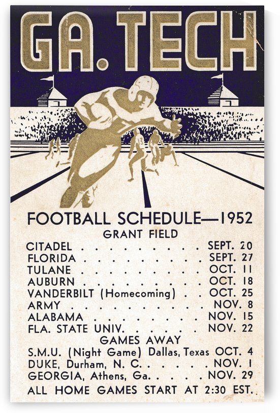 1952 Georgia Tech Football Schedule Art by Row One Brand