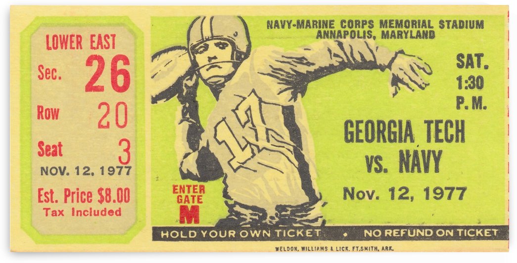 1977_College_Football_Navy vs. Georgia Tech_Memorial Stadium_Navy Ticket Art by Row One Brand