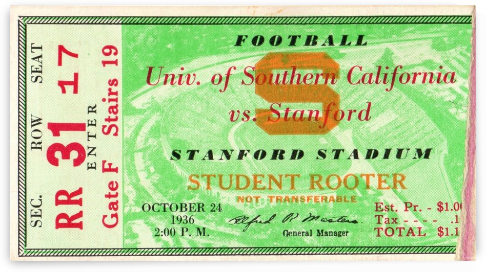 1936_College_Football_USC vs. Stanford_Stanford Stadium_Palo Alto_Ticket Stub Art by Row One Brand