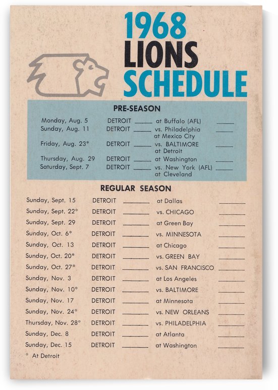 1968 Detroit Lions NFL Football Schedule Art Reproduction_Vintage NFL Schedules 1968 by Row One Brand