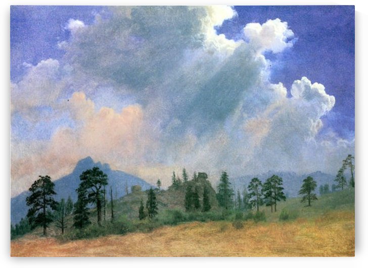 Fir trees and storm clouds by Bierstadt