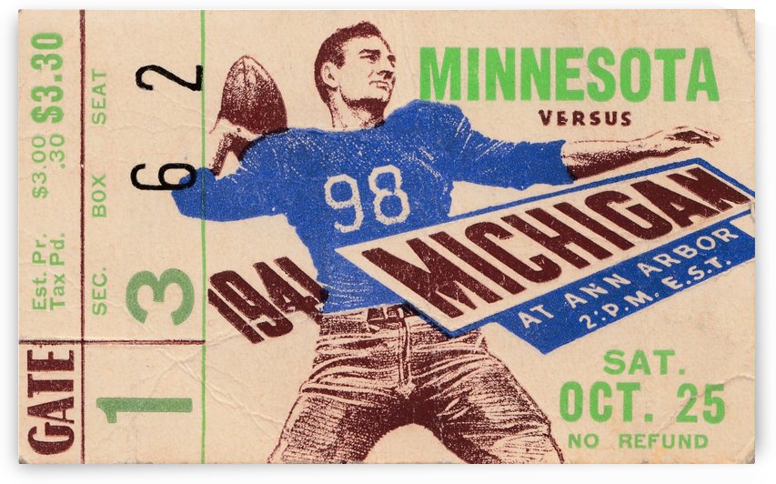 1941 Michigan vs. Minnesota Football Ticket Canvas by Row One Brand