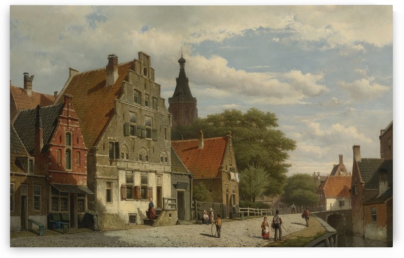 Kinderen en reizigers langs het kanaal by Willem Koekkoek
