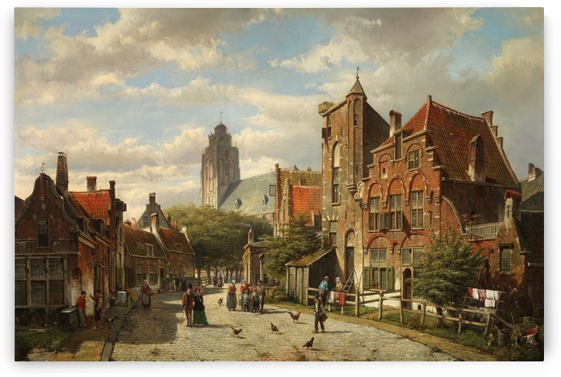 Figures conversing in the streets of a Dutch town by Willem Koekkoek