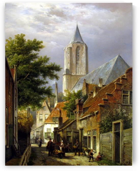 Figures Beside a Baker’s Cart with Church Beyond by Willem Koekkoek