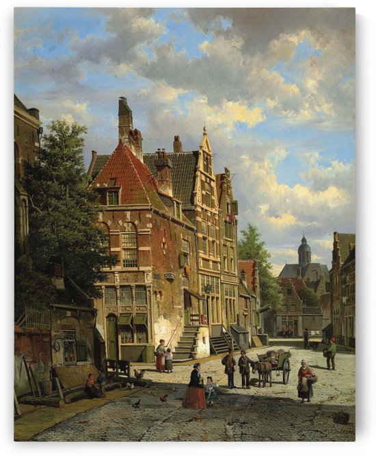 Dutch town scene with figures by Willem Koekkoek