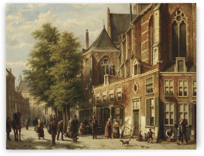Numerous figures in a sunlit street near a church by Willem Koekkoek
