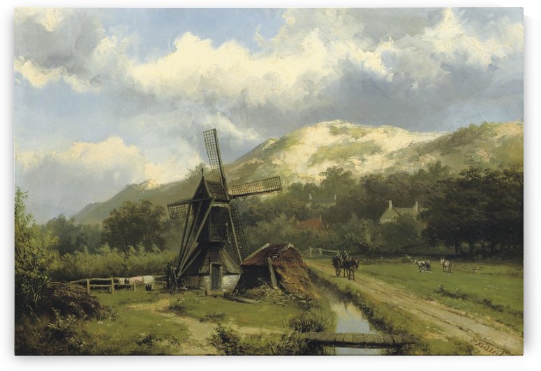 A windmill in a dune landscape by Willem Koekkoek