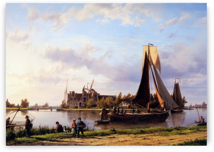 Ship sailing through canal by Willem Koekkoek