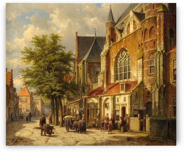 Dutch city street with church by Willem Koekkoek