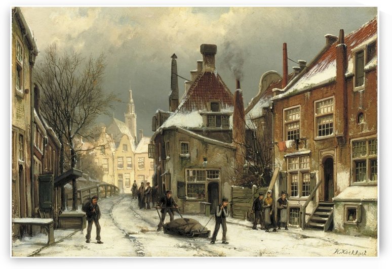 Villagers on a snow-covered street by Willem Koekkoek