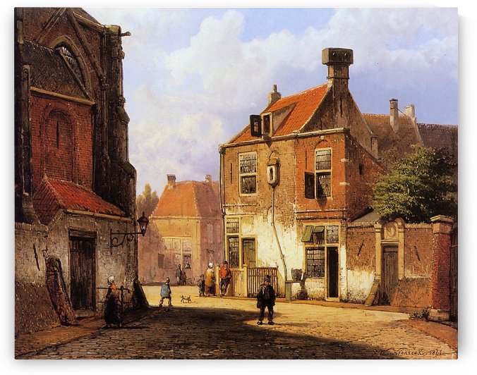 Walking on the street near church by Willem Koekkoek
