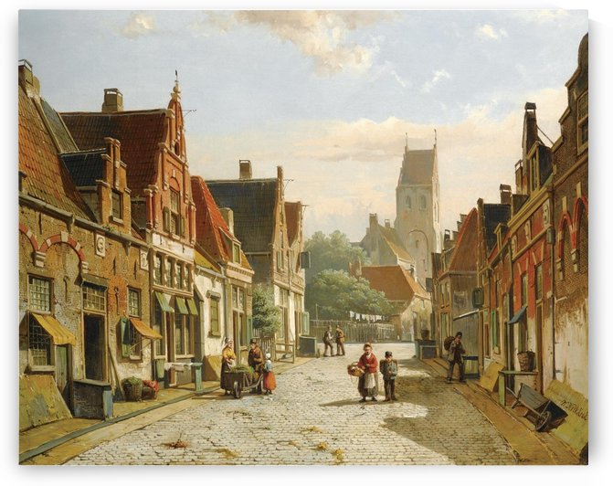 Street scene with church on the back by Willem Koekkoek