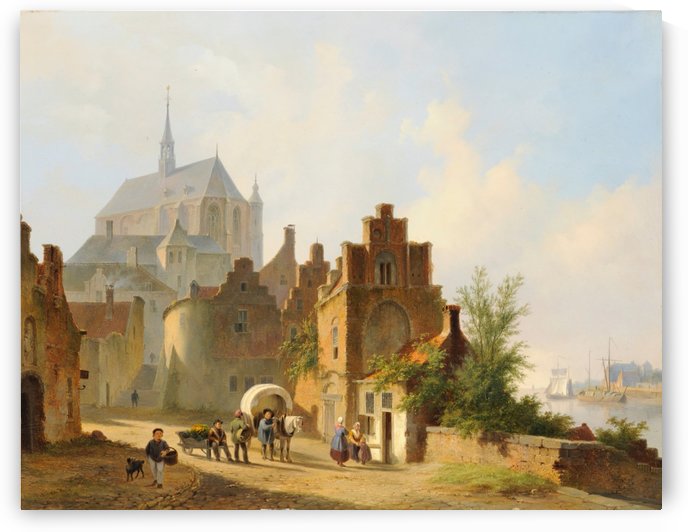 Continental Town Scene with Figures beside a Horse and Cart in a Sunlit Street by Bartholomeus Johannes van Hove