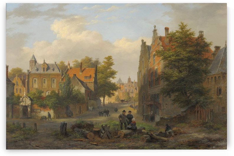 View of a town with figures in conversation by Bartholomeus Johannes van Hove