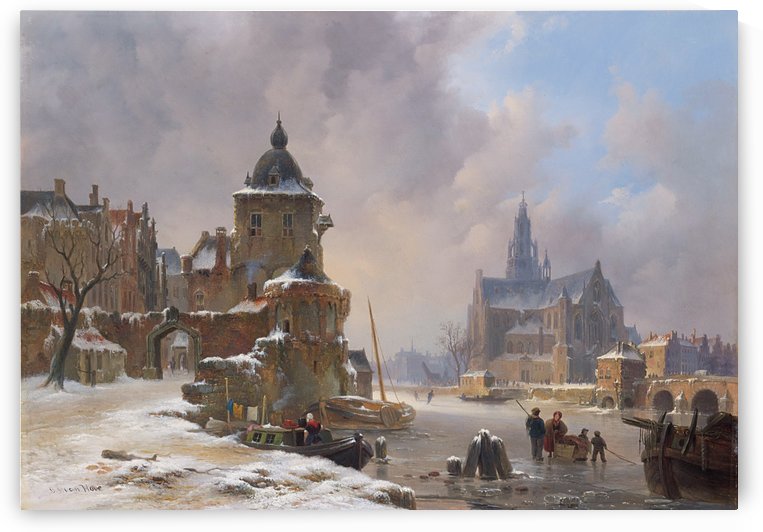 Winter cityscape with frozen river by Bartholomeus Johannes van Hove
